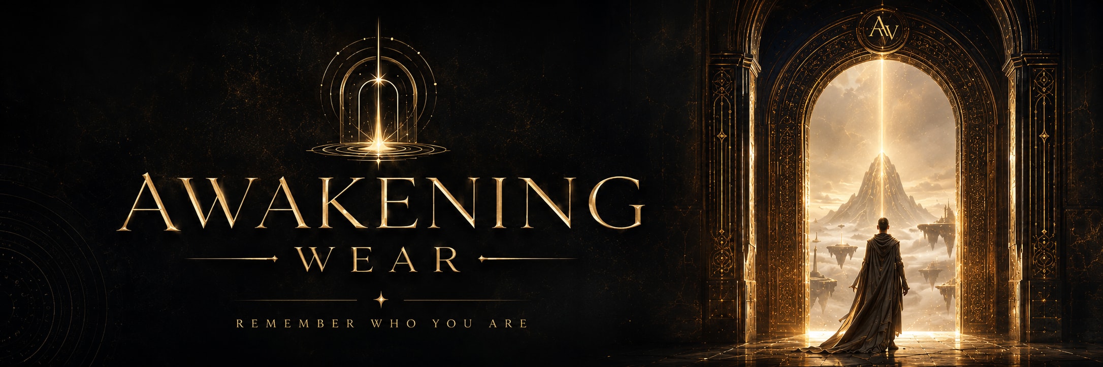 Awakening Wear artwork with a golden portal and the phrase Remember who you are